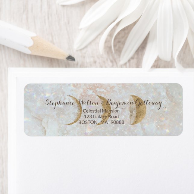 Étiquette Zodiac Moon Ice Blue Celestie Gold Adresse de reto (En situation)