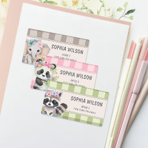 Étiquettes Animaux Mignons Aquarelle Gingham Floral Nom
