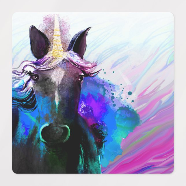 Étiquettes Aquarelle noir Unicorne Stickers/Étiquettes (Design 3)