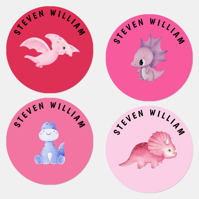 Étiquettes Aquarelle rose Dinosaures Enfants personnalisés (Groupe)