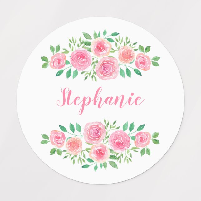 Étiquettes Aquarelle rose Roses Nom de la fille (Design 1)