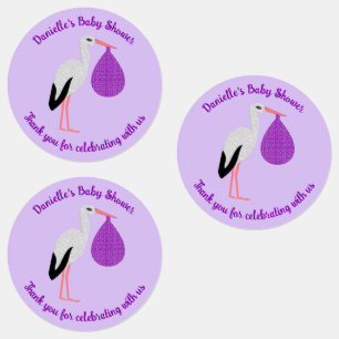 Étiquettes Baby Shower de bébé cigogne genre neutre Violet