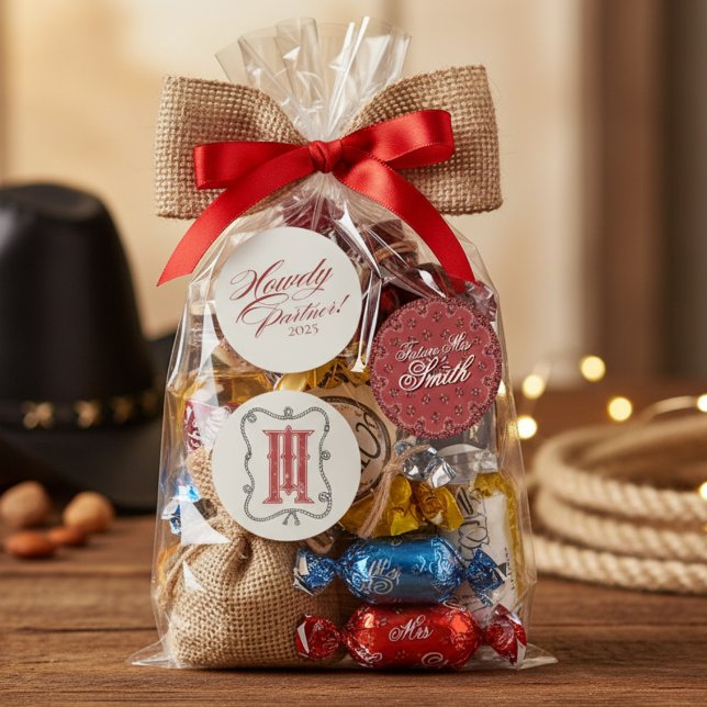 Étiquettes Bachelorette partenaire Red Howdy personnalisée (Pack your boots and cowboy hat for an epic bachelorette weekend! )