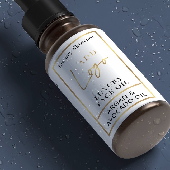 Étiquettes Blanc & Or 1 OZ 30ml Bouteille Soin imperméable (Waterproof cosmetic bottle label in white and gold with your logo and product ingredients)