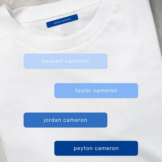 Étiquettes Blue Kids Nom Fer Sur Vêtements (1.75" x .3125" clothing labels iron-on or adhesive, 2 sheets of 48 labels, USE 1 OR up to 4 NAMES)