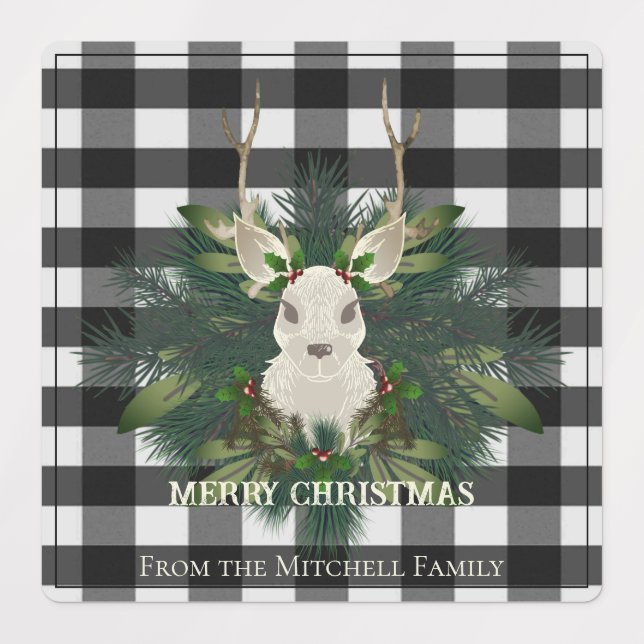 Étiquettes Buffalo Plaid Festif Reindeer Noël (Design 1)