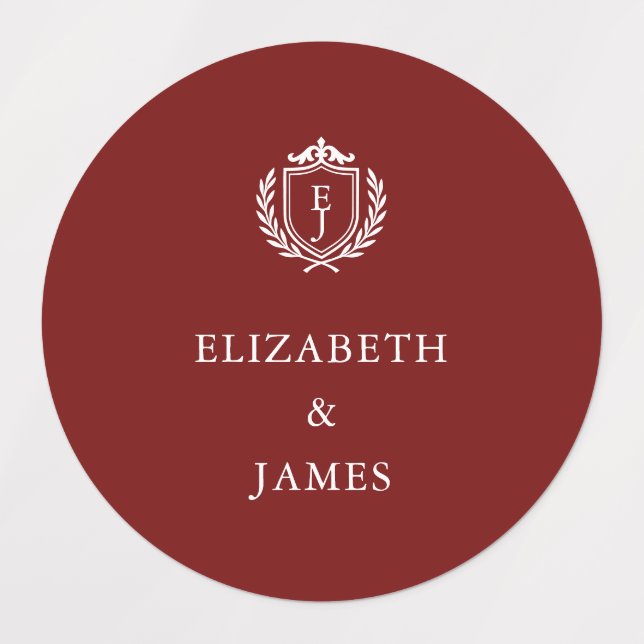 Étiquettes Burgundy Crest Wedding Custom Initials (Design 1)