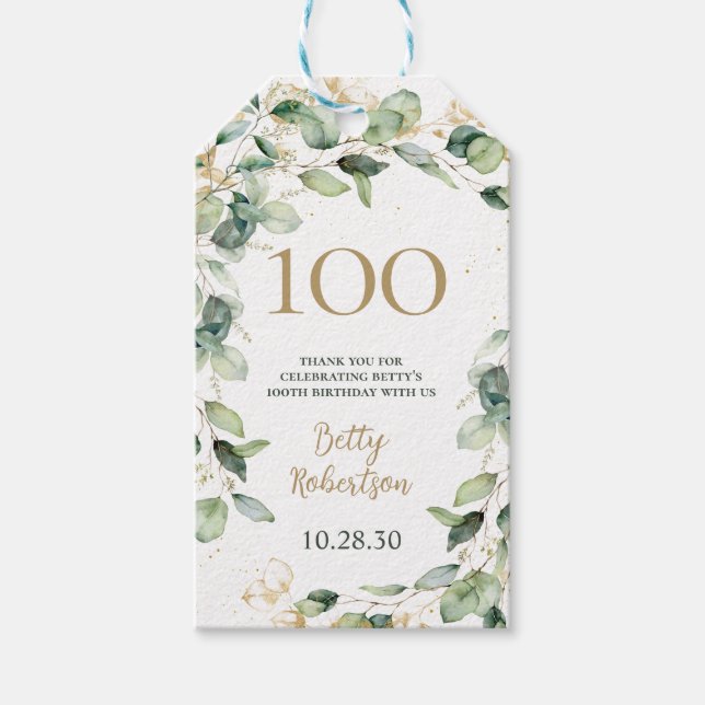 Étiquettes-cadeau 100e anniversaire Eucalyptus Merci (Devant)