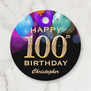 Étiquettes Cadeau 100e fête d'anniversaire Ballons Noir et Or