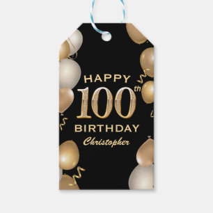 Étiquettes-cadeau 100e fête d'anniversaire Ballons Noir et Or