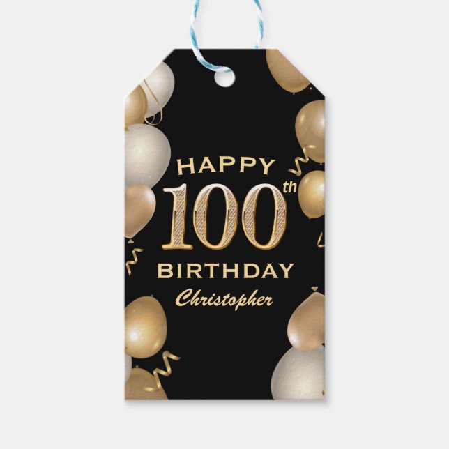Étiquettes-cadeau 100e fête d'anniversaire Ballons Noir et Or (Devant)