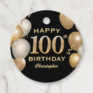 Étiquettes Cadeau 100e fête d'anniversaire Ballons Noir et Or
