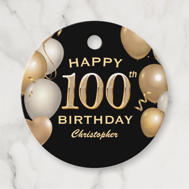 Étiquettes Cadeau 100e fête d'anniversaire Ballons Noir et Or (Devant)