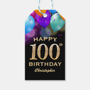 Étiquettes-cadeau 100e fête d'anniversaire Ballons Noir et Or