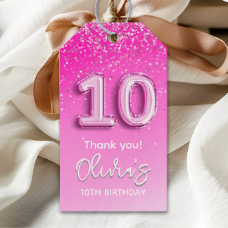 Étiquettes-cadeau 10th Birthday Girl with Pink Number Balloon