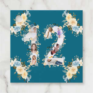 Étiquettes Cadeau 12e anniversaire Turquoise Fleur photo Collage Jau