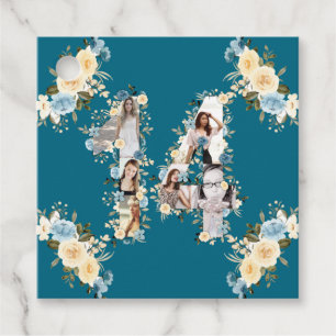 Étiquettes Cadeau 14e anniversaire Turquoise photo Collage Fleur Jau