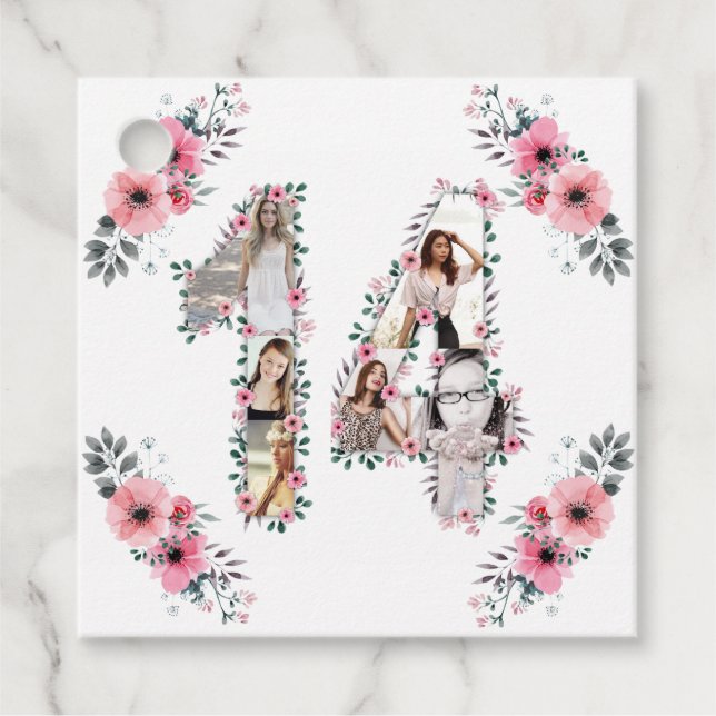 Étiquettes Cadeau 14e Fille Anniversaire Photo Collage Rose Fleur Bl (Devant)