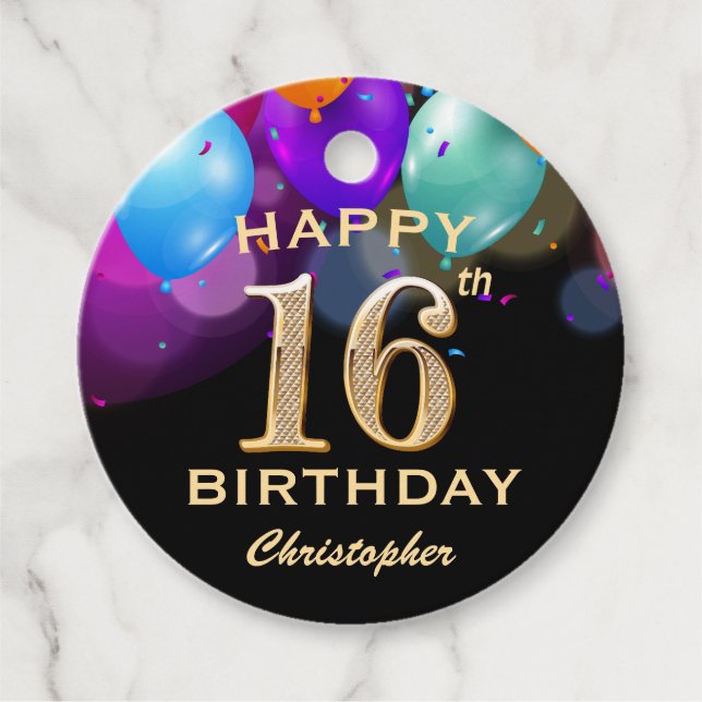 Étiquettes Cadeau 16e fête d'anniversaire Ballons noirs et or (Devant)