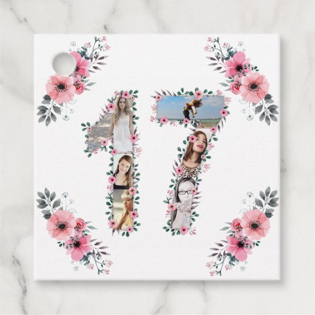 Étiquettes Cadeau 17e Fille Anniversaire Photo Collage Rose Fleur Bl (Devant)