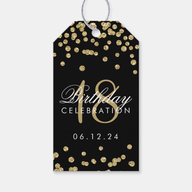 Étiquettes-cadeau 18e anniversaire Gold Faux Parties scintillant Con (Devant)