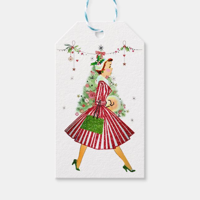 Étiquettes-cadeau 1950 Femme de Noël avec arbre de Noël (Devant)