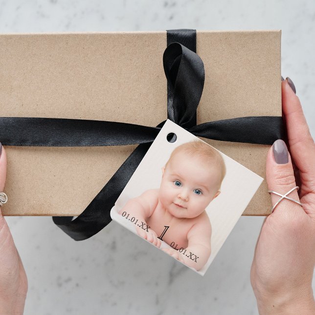 Étiquettes Cadeau 1ère fête d'anniversaire bébé photo Merci (Créateur téléchargé)