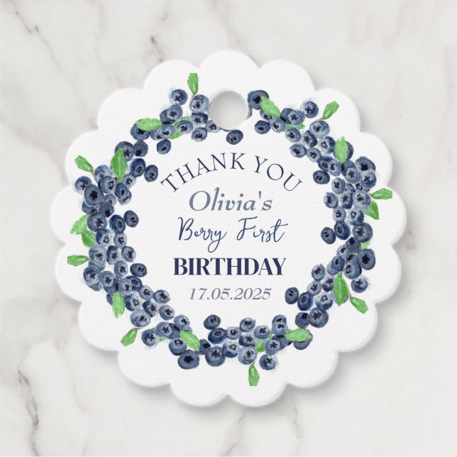 Étiquettes Cadeau 1ère fête d'anniversaire Blueberry Baby Girl (Devant)