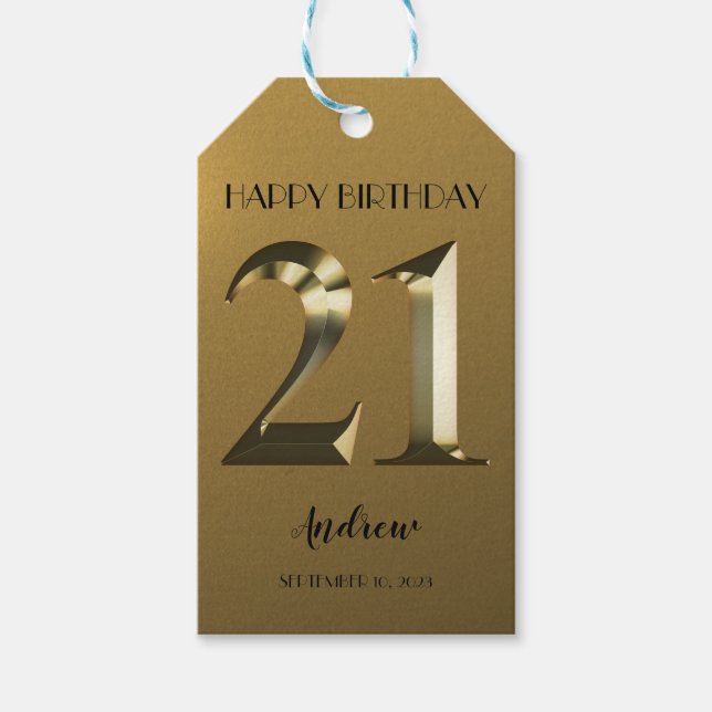 Étiquettes-cadeau 21e anniversaire d'or métallique (Devant)