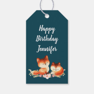 Étiquettes-cadeau 2 mignons Petits Renards Rouges Aquarelle Annivers