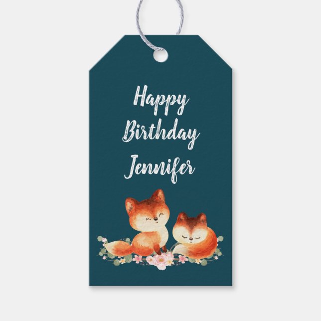 Étiquettes-cadeau 2 mignons Petits Renards Rouges Aquarelle Annivers (Devant)