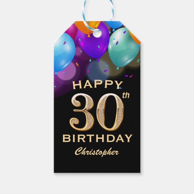 Étiquettes-cadeau 30e fête d'anniversaire Ballons noirs et or (Devant)