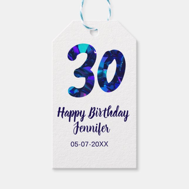 Étiquettes-cadeau 30th birthday add name date year blue sparkle  (Devant)