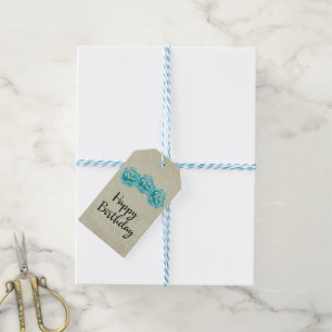 Étiquettes-cadeau 3 Roses Turquoises d'aquarelle sur Tan Damask anni