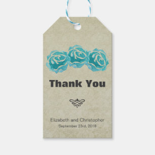 Étiquettes-cadeau 3 Roses Turquoises d'aquarelle sur Tan Mariage dam