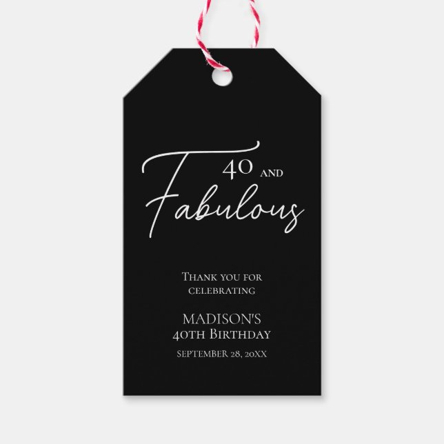 Étiquettes-cadeau 40 et fabuleux 40e anniversaire noir et blanc (Devant)