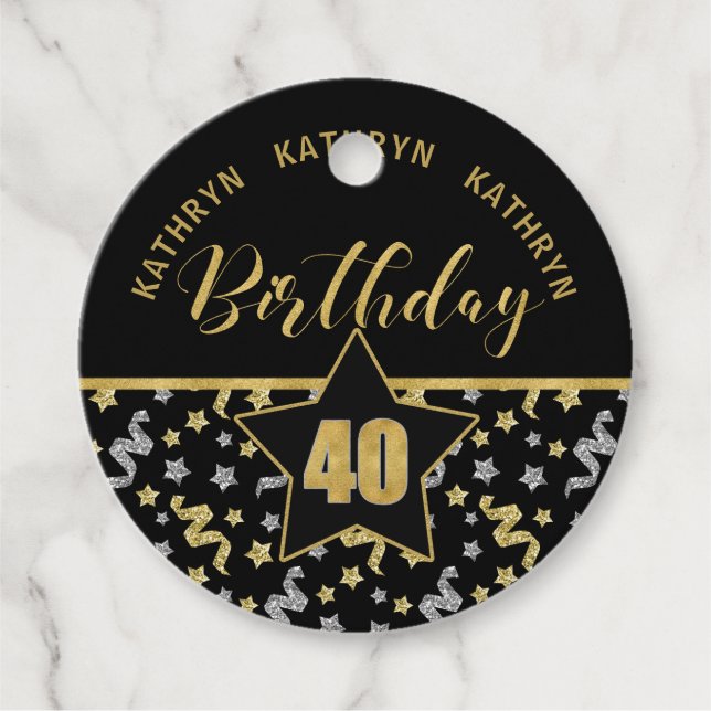 Étiquettes Cadeau 40e anniversaire Confetti noir et or (Devant)