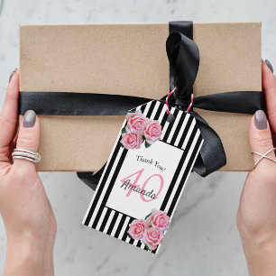 Étiquettes-cadeau 40e anniversaire florale rose noir rayures blanche