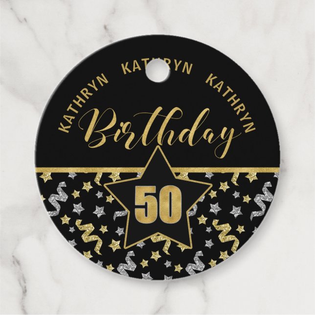 Étiquettes Cadeau 50e anniversaire Confetti noir et or (Devant)