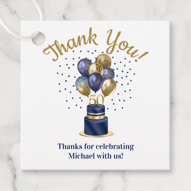 Étiquettes Cadeau 50e anniversaire Marine Blue Balloon Cake Merci (Devant)