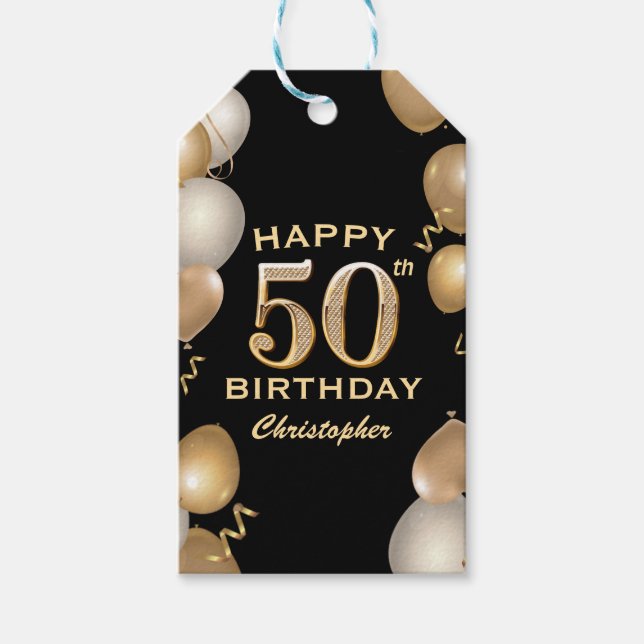 Étiquettes-cadeau 50e fête d'anniversaire Ballons noirs et or (Devant)