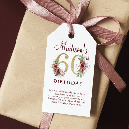 Étiquettes-cadeau 60e anniversaire Bourgogne Gold Floral Personnalis