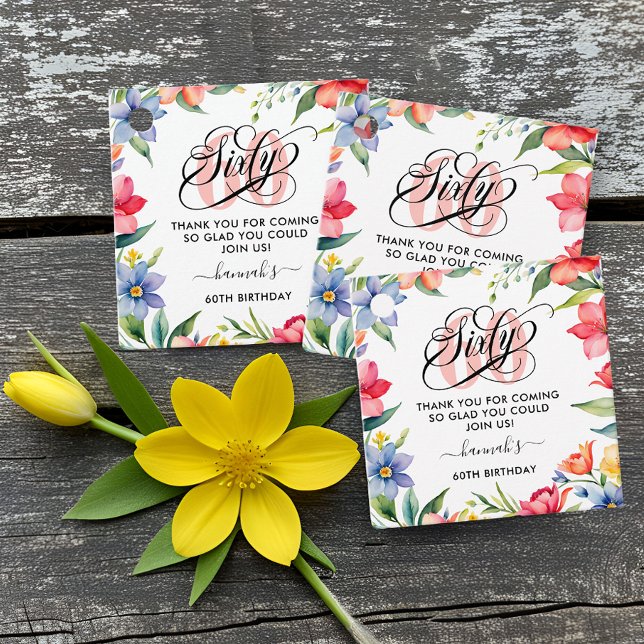 Étiquettes Cadeau 60e anniversaire de fête aquarelle Floral (Créateur téléchargé)