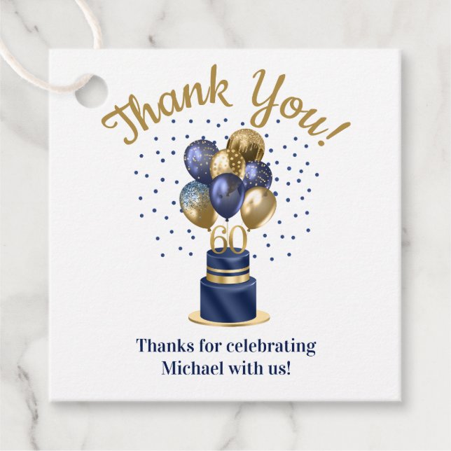 Étiquettes Cadeau 60e anniversaire Marine Blue Balloon Cake Merci (Devant)