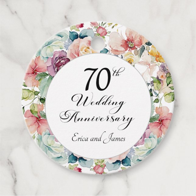 Étiquettes Cadeau 70e anniversaire de Mariage Élégant script floral (Devant)