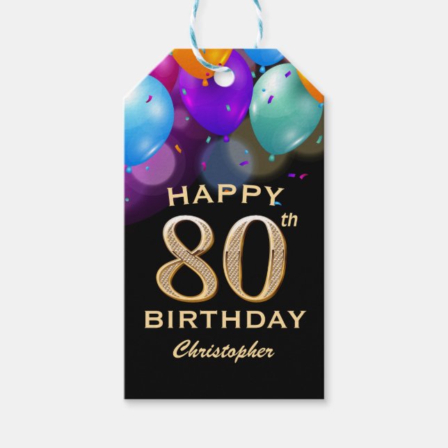Étiquettes-cadeau 80e fête d'anniversaire Ballons noirs et or (Devant)