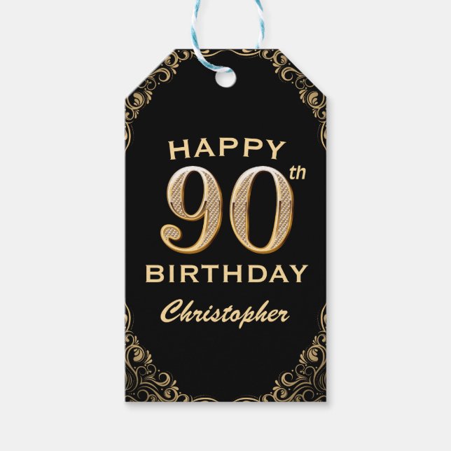 Étiquettes-cadeau 90e anniversaire de la Parties scintillant Black a (Devant)