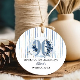 Étiquettes Cadeau 90e anniversaire Floral Numéro Côte Blue Party