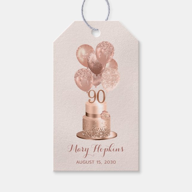 Étiquettes-cadeau 90e anniversaire Rose Gold Cake (Devant)