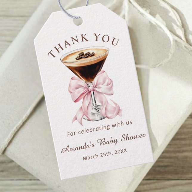 Étiquettes-cadeau A tini One Espresso Martini Pink Bow Baby Shower  (A tini one is on the way pink coquette bow baby shower favor gift tag)